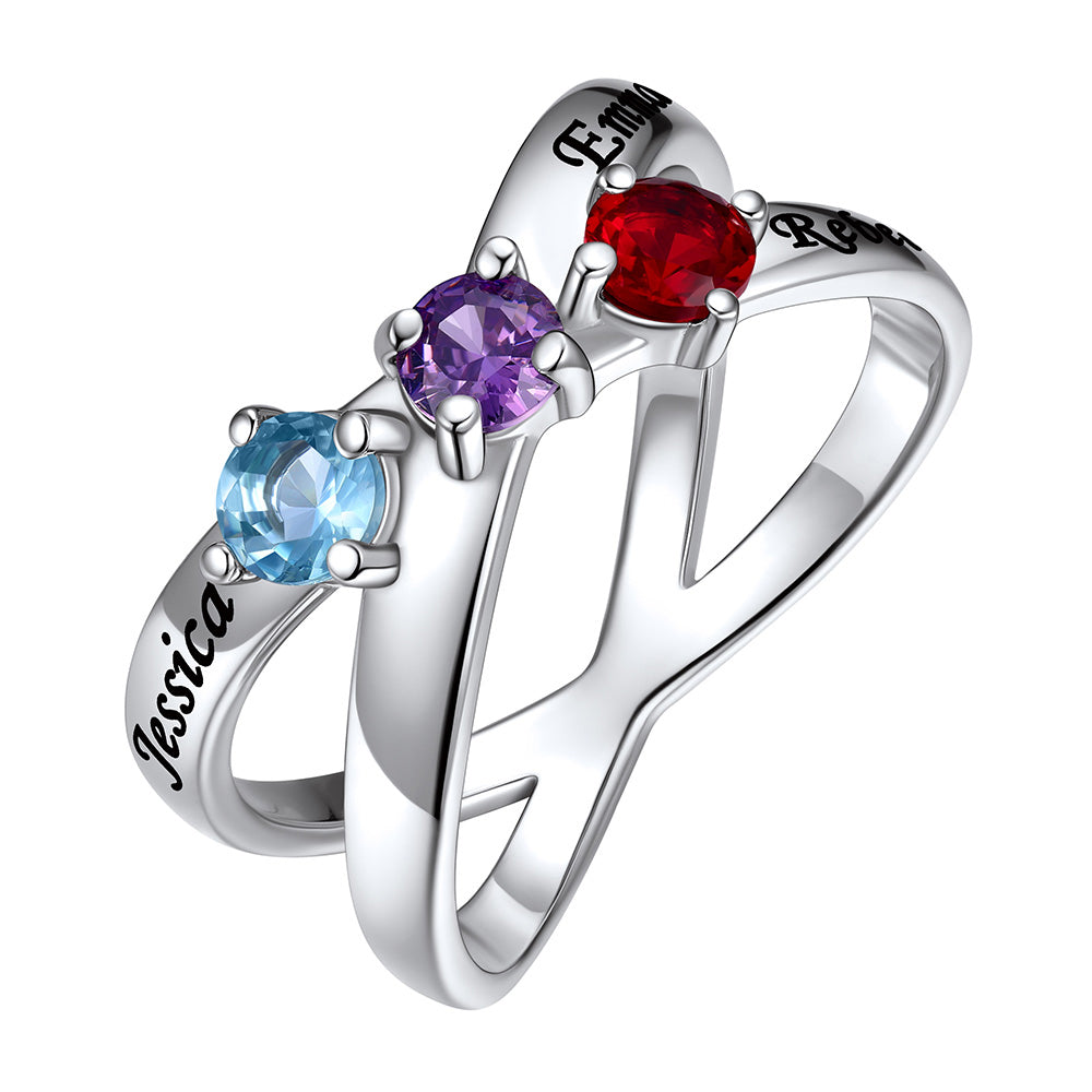 Personalized Criss Cross Birthstone Ring in 925 Sterling Silver 3 stones