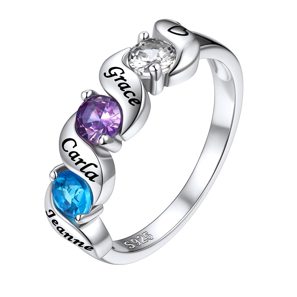 Personalized Engraving Birthstone Ring1-5 Birthstone in Sterling Silver 3 stones