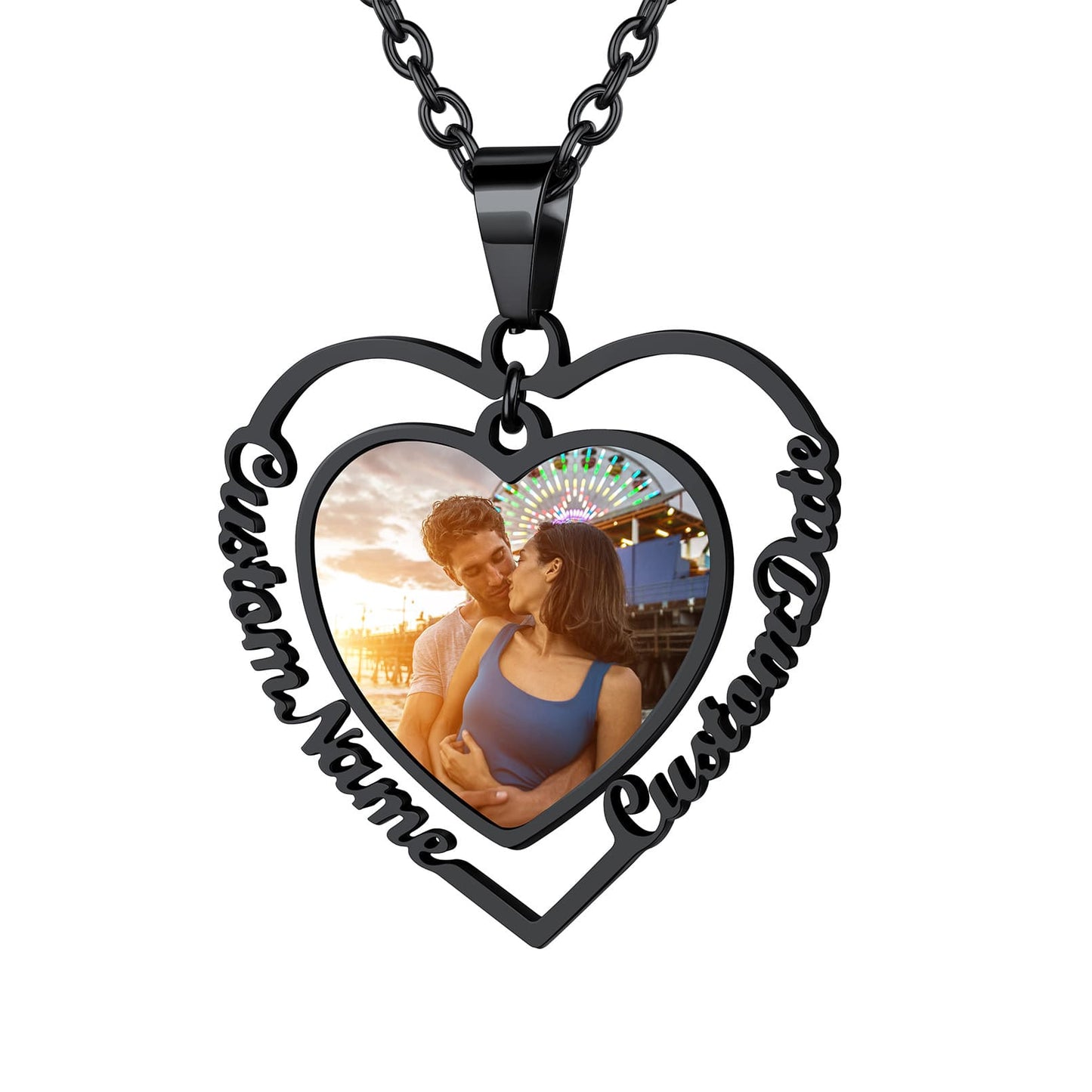 Personalized Heart Name Photo Necklace For Women Black