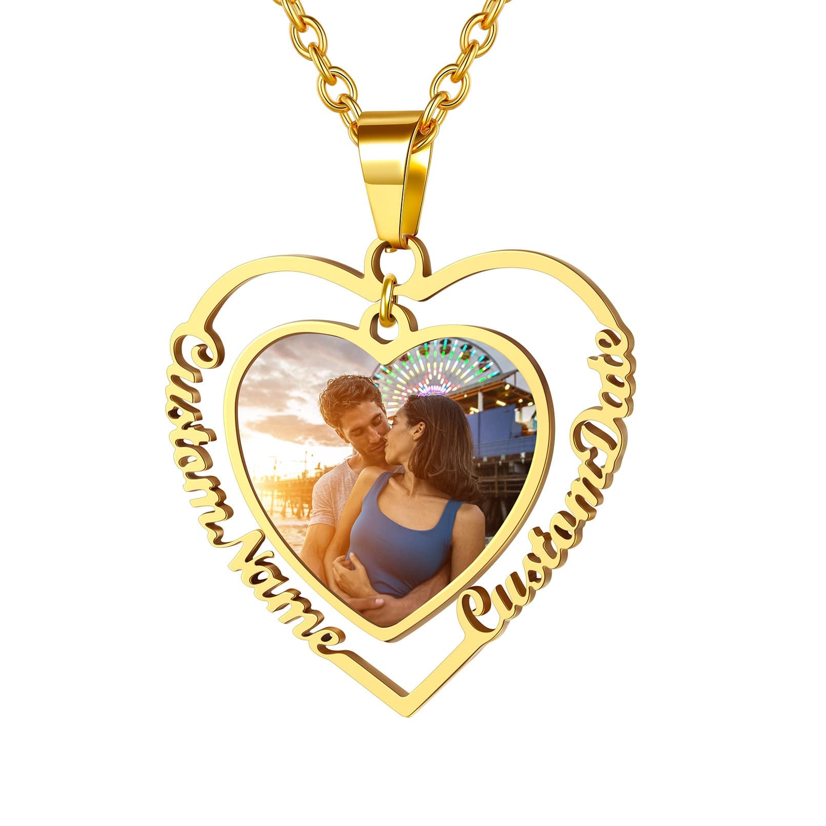 Personalized Heart Name Photo Necklace For Women Gold