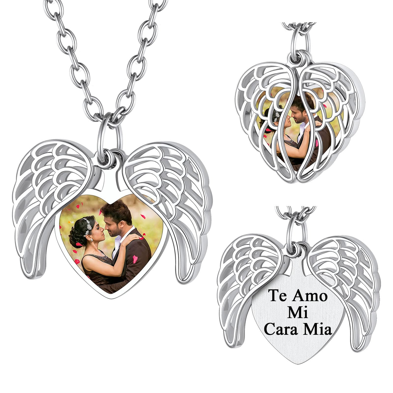 Personalized Heart Photo Angel Wings Locket Necklace Silver