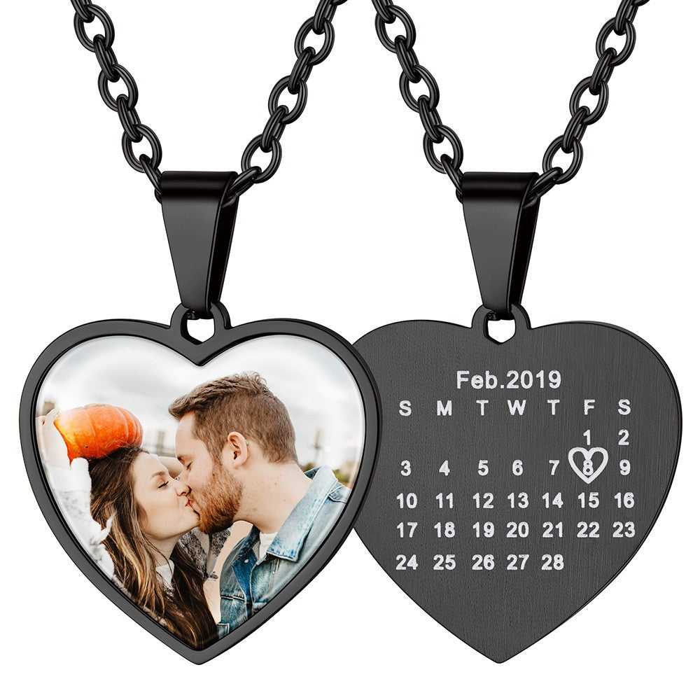 Personalized Heart Photo Pendant Necklace With Calendar Black