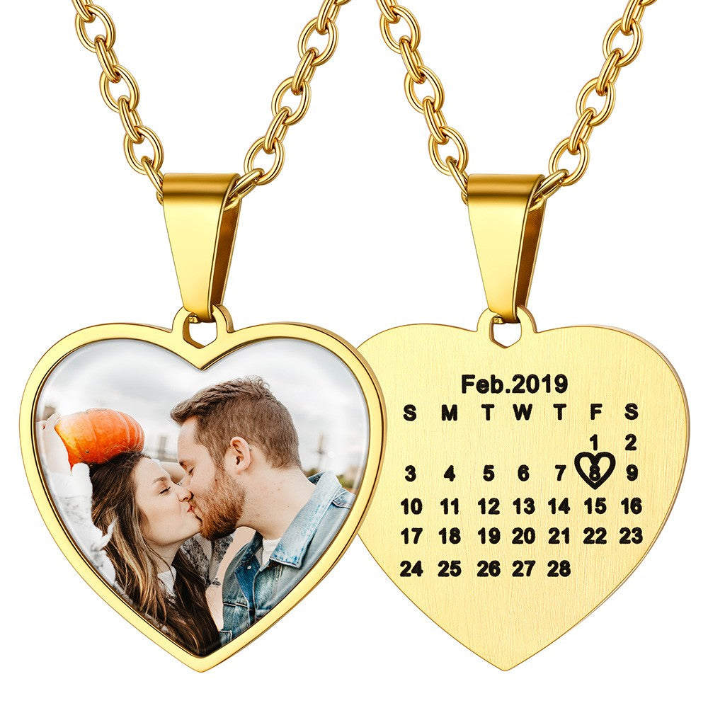 Personalized Heart Photo Pendant Necklace With Calendar Gold