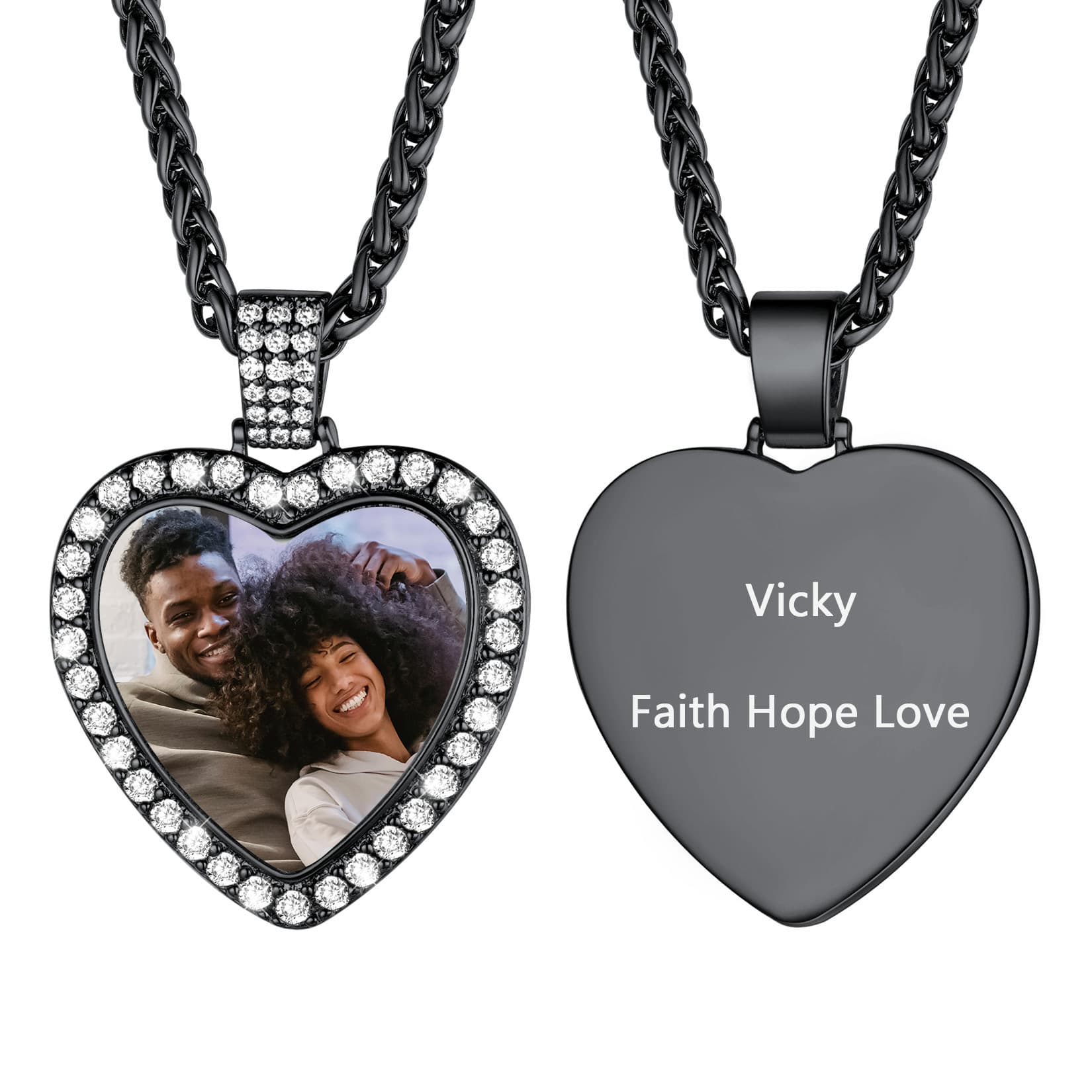 Personalized Heart Photo Pendant Necklace With Cubic Zirconia Black