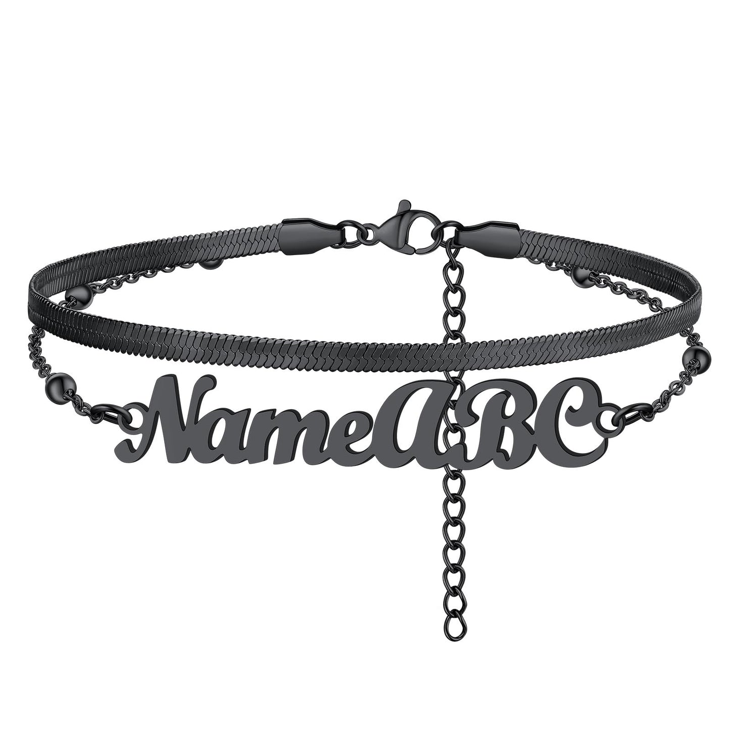 Personalized Herringbone Chain Layer Name Anklets For Women Black
