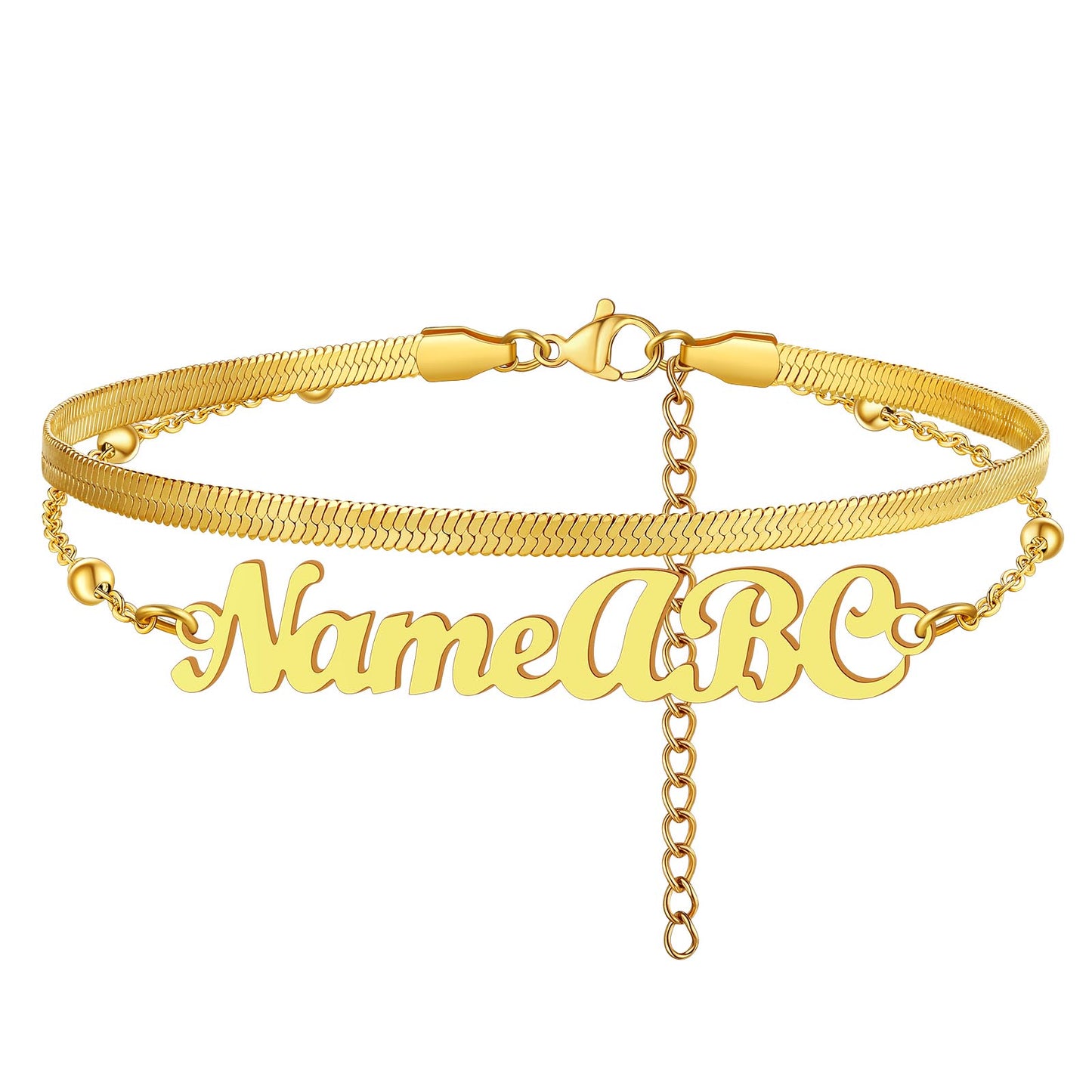 Personalized Herringbone Chain Layer Name Anklets For Women Gold