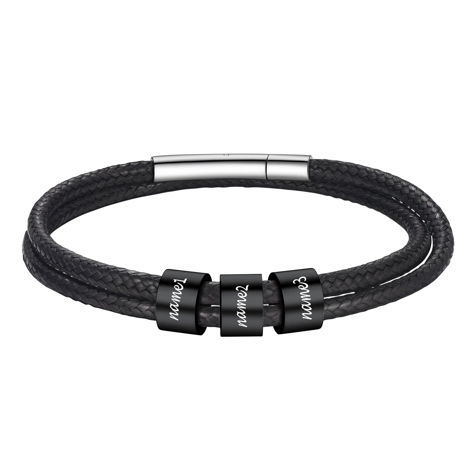 Personalized Leather Braided Rope Bracelet with 3 black Engraving Beads