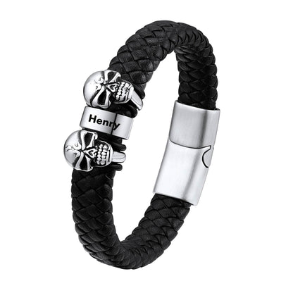 Personalized Name Beads Braided Leather Skull Bracelet 1 bead