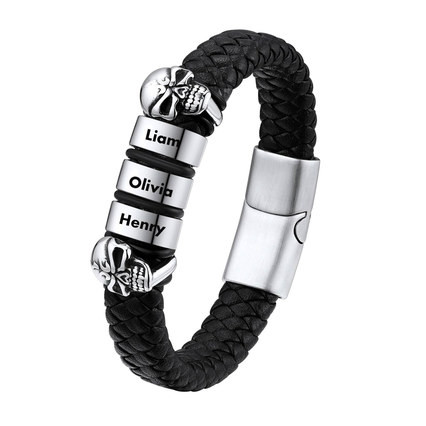 Personalized Name Beads Braided Leather Skull Bracelet