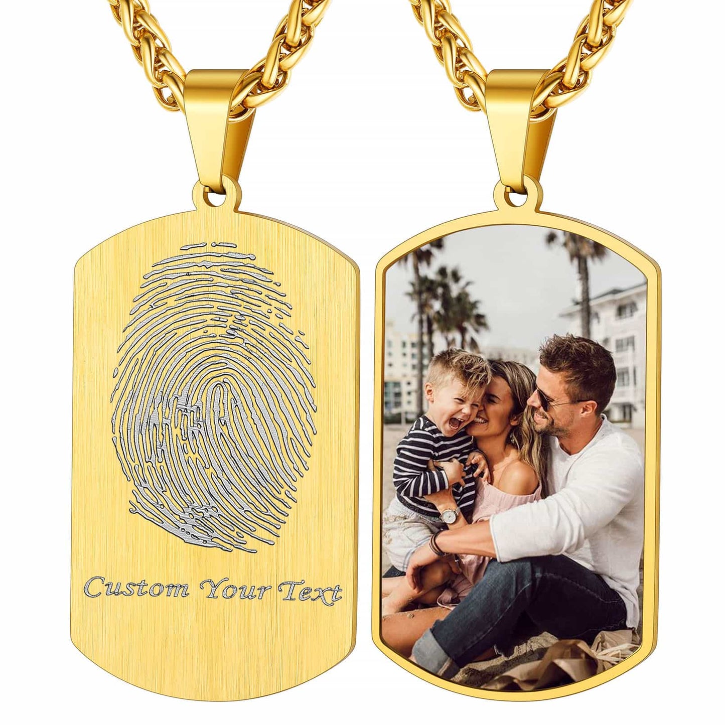 Personalized Photo Dog Tag Necklace With Fingerprint Engraved Gold