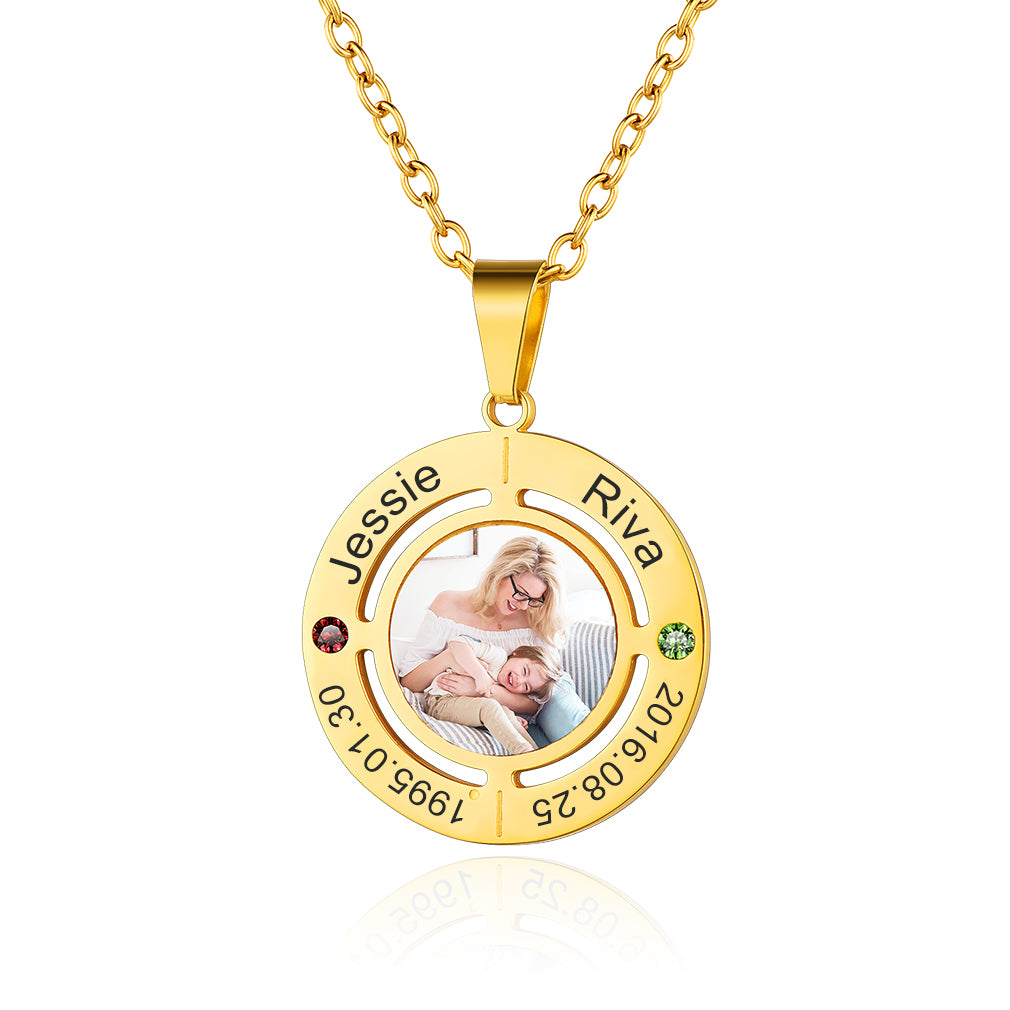Personalized Picture Birthstone Necklace with Name Engraved Gold