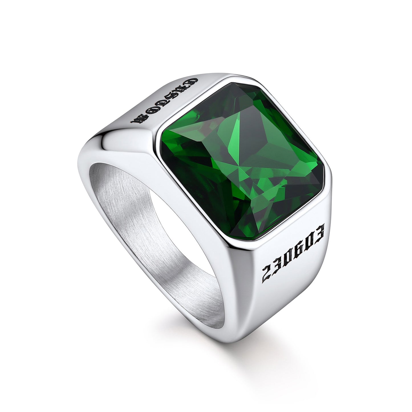 Personalized Square Gemstone Signet Band Ring for Men Green