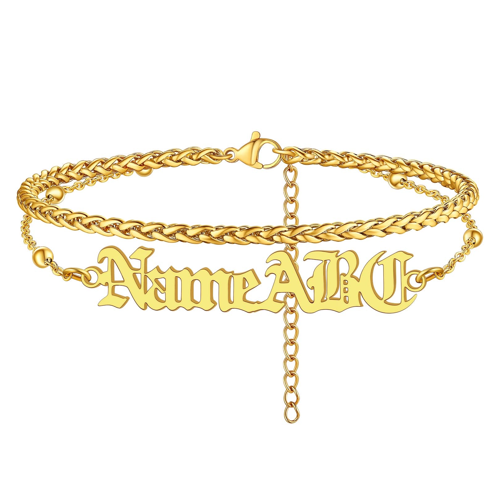 Personalized Wheat Chain Layer Name Anklets For Women Gold