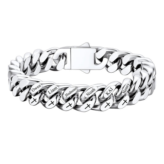Personalized 1-8 Multi Names Cuban Link Bracelet with Cross 