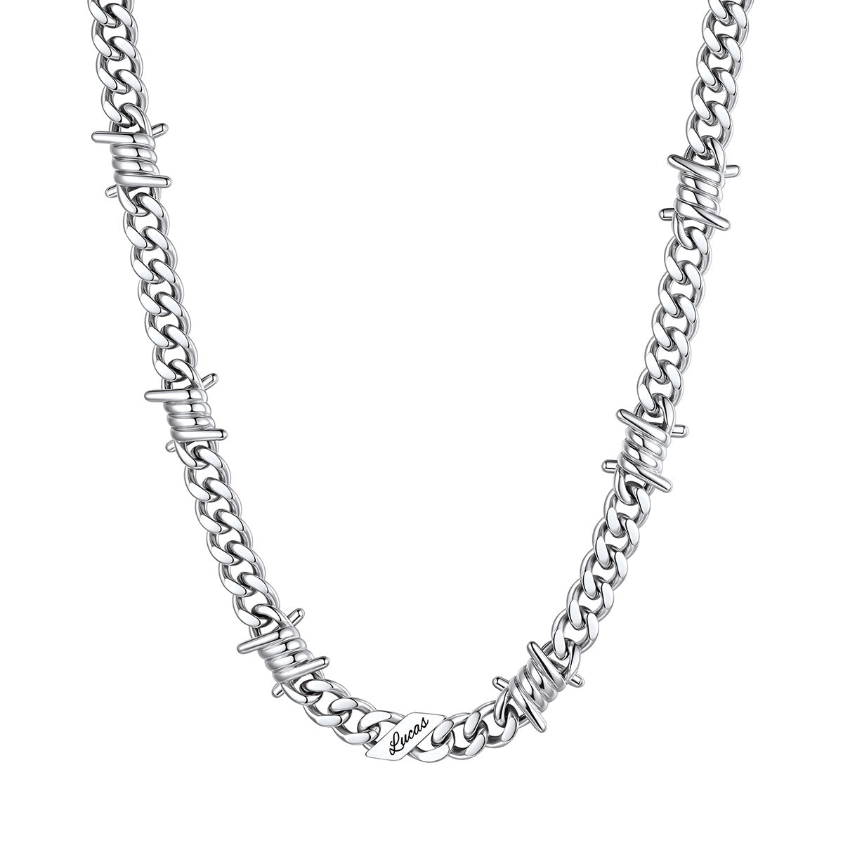 Personalized 1 Name Barbed Wire Cuban Link Necklace 9mm on a white background