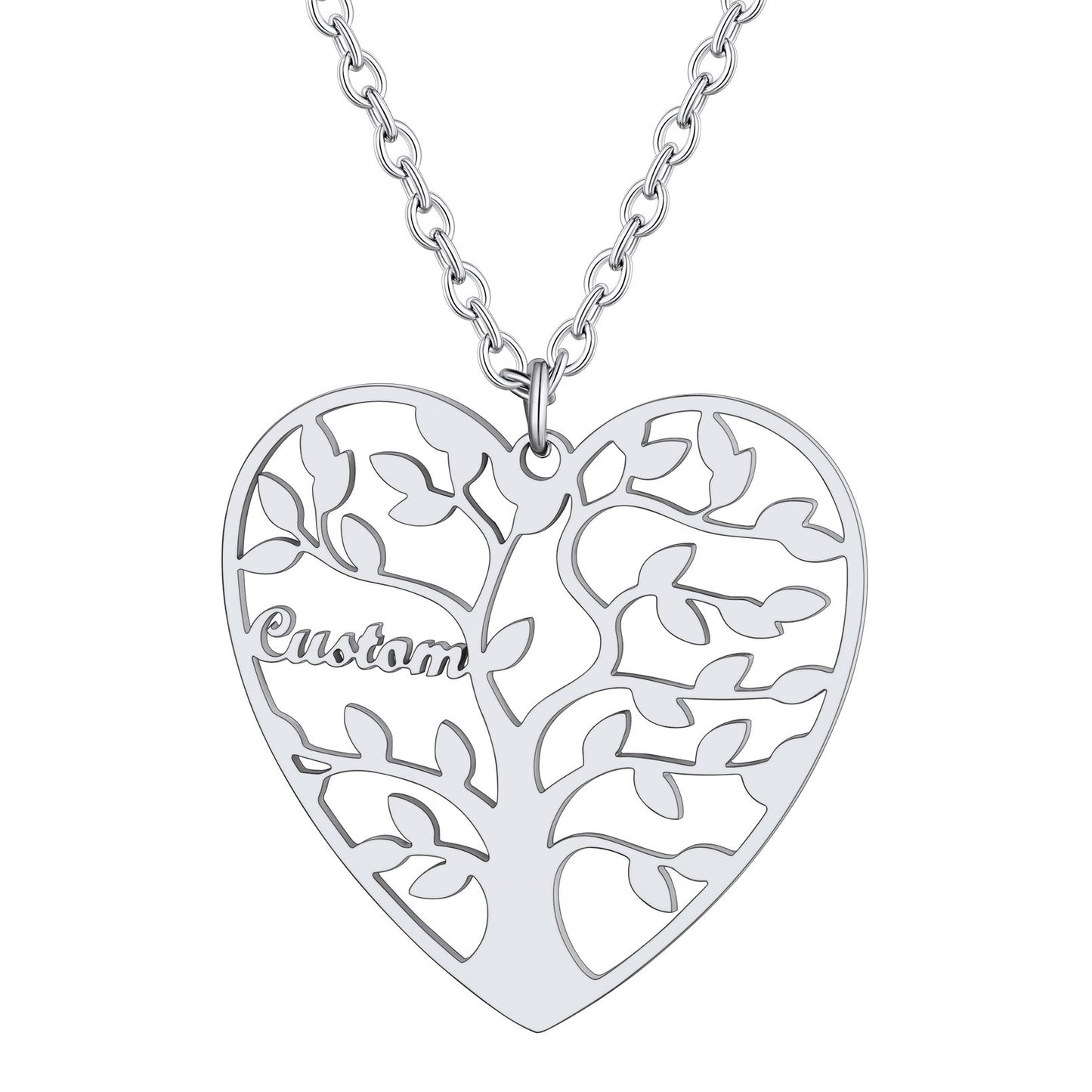 Personalized 1 Name Family Tree of Life Heart Necklace Steel