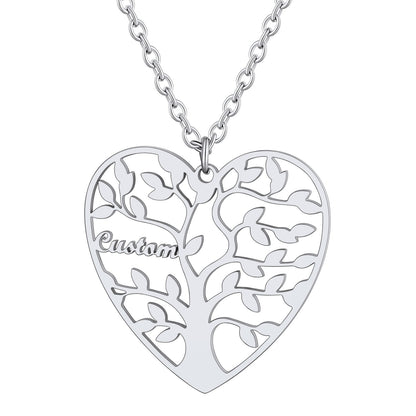 Personalized 1 Name Family Tree of Life Heart Necklace Steel