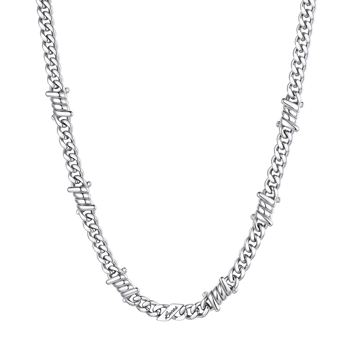 Personalized 1 Names Barbed Wire Cuban Link Necklace 7mm on a white background