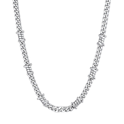 Personalized 1 Names Barbed Wire Cuban Link Necklace 7mm on a white background
