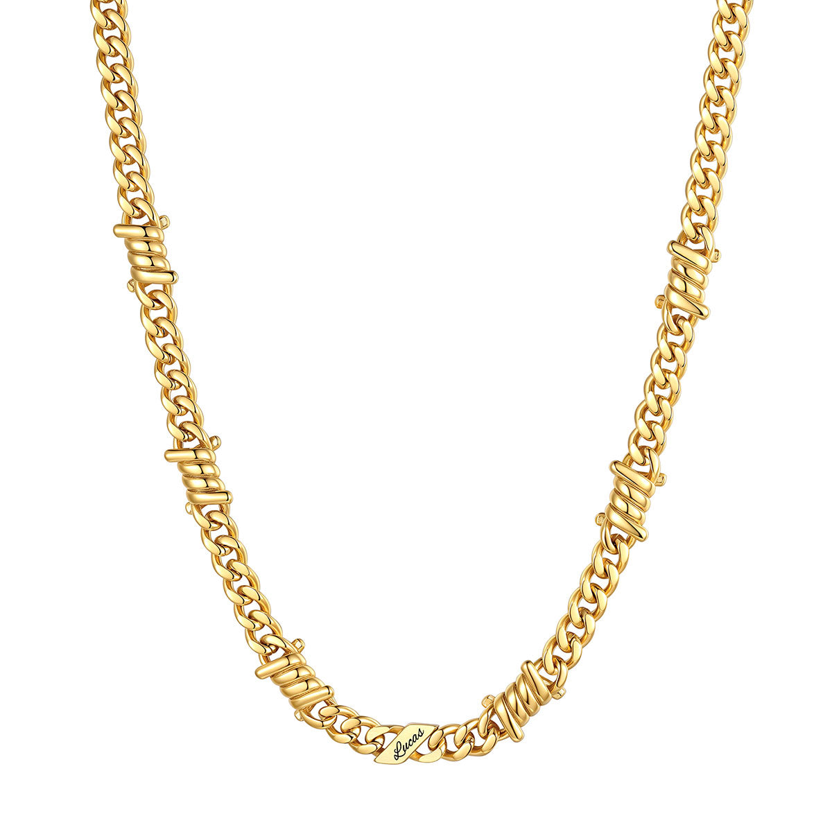 Personalized 1 Names Barbed Wire Cuban Link Necklace 7mm on a white background Gold Plated