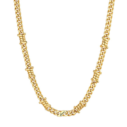 Personalized 1 Names Barbed Wire Cuban Link Necklace 7mm on a white background Gold Plated
