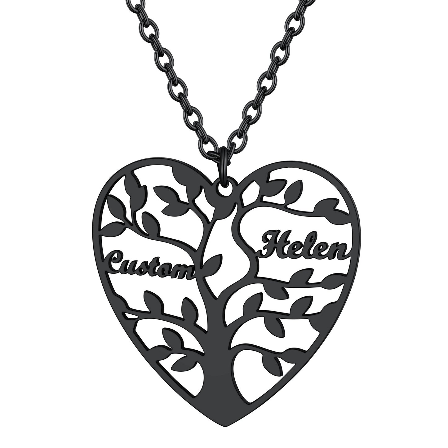 Personalized 2 Name Family Tree of Life Heart Necklace Black