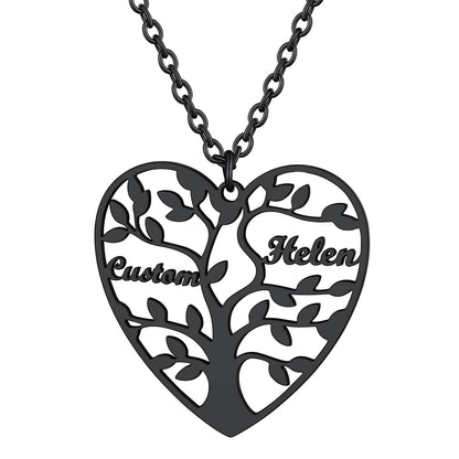 Personalized 2 Name Family Tree of Life Heart Necklace Black