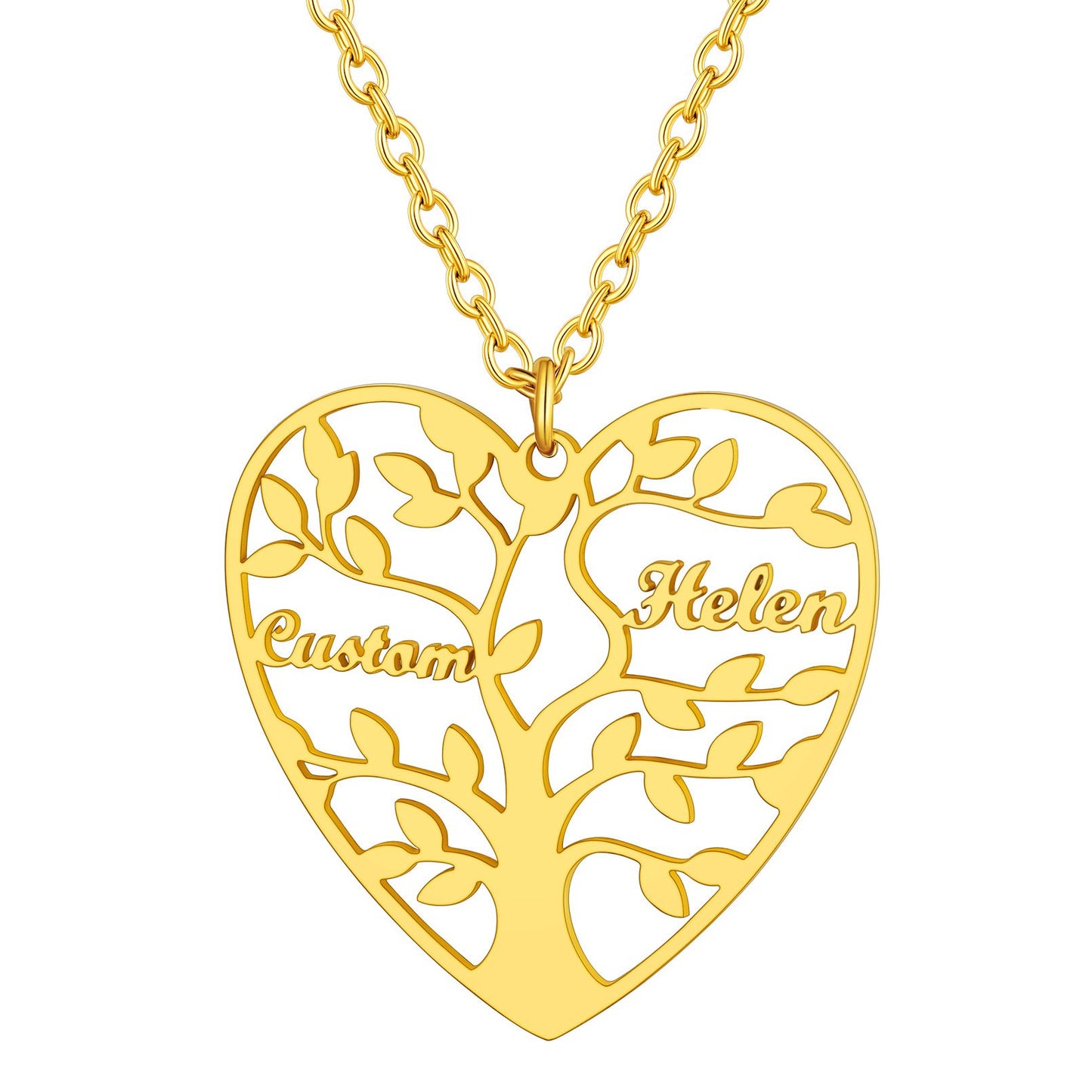 Personalized 2 Name Family Tree of Life Heart Necklace Gold