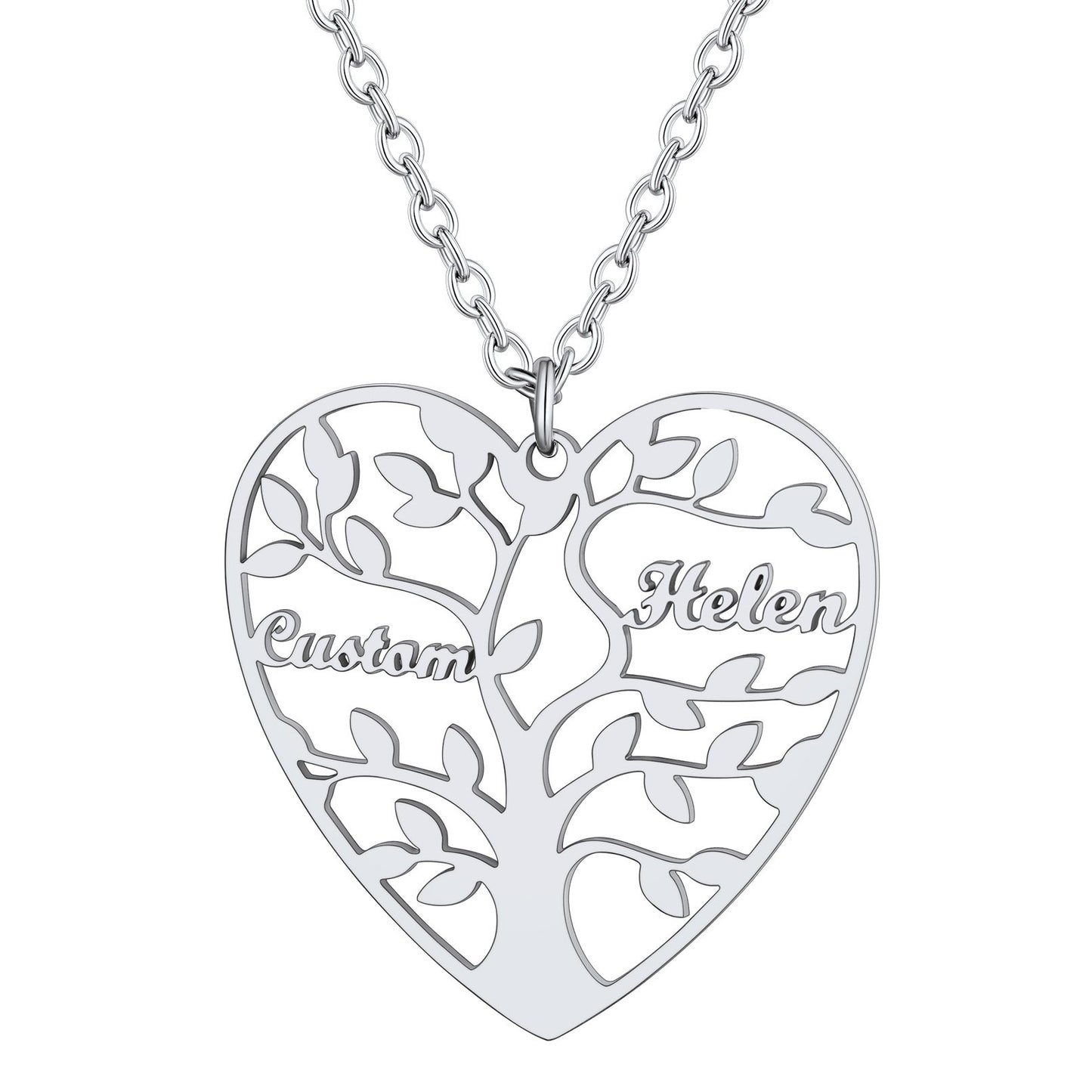 Personalized 2 Name Family Tree of Life Heart Necklace Steel