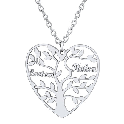 Personalized 2 Name Family Tree of Life Heart Necklace Steel