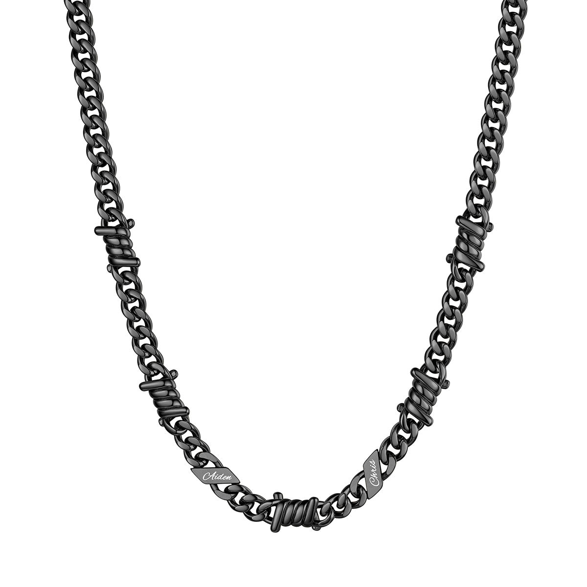 Personalized 2 Names Barbed Wire Cuban Link Necklace 7mm