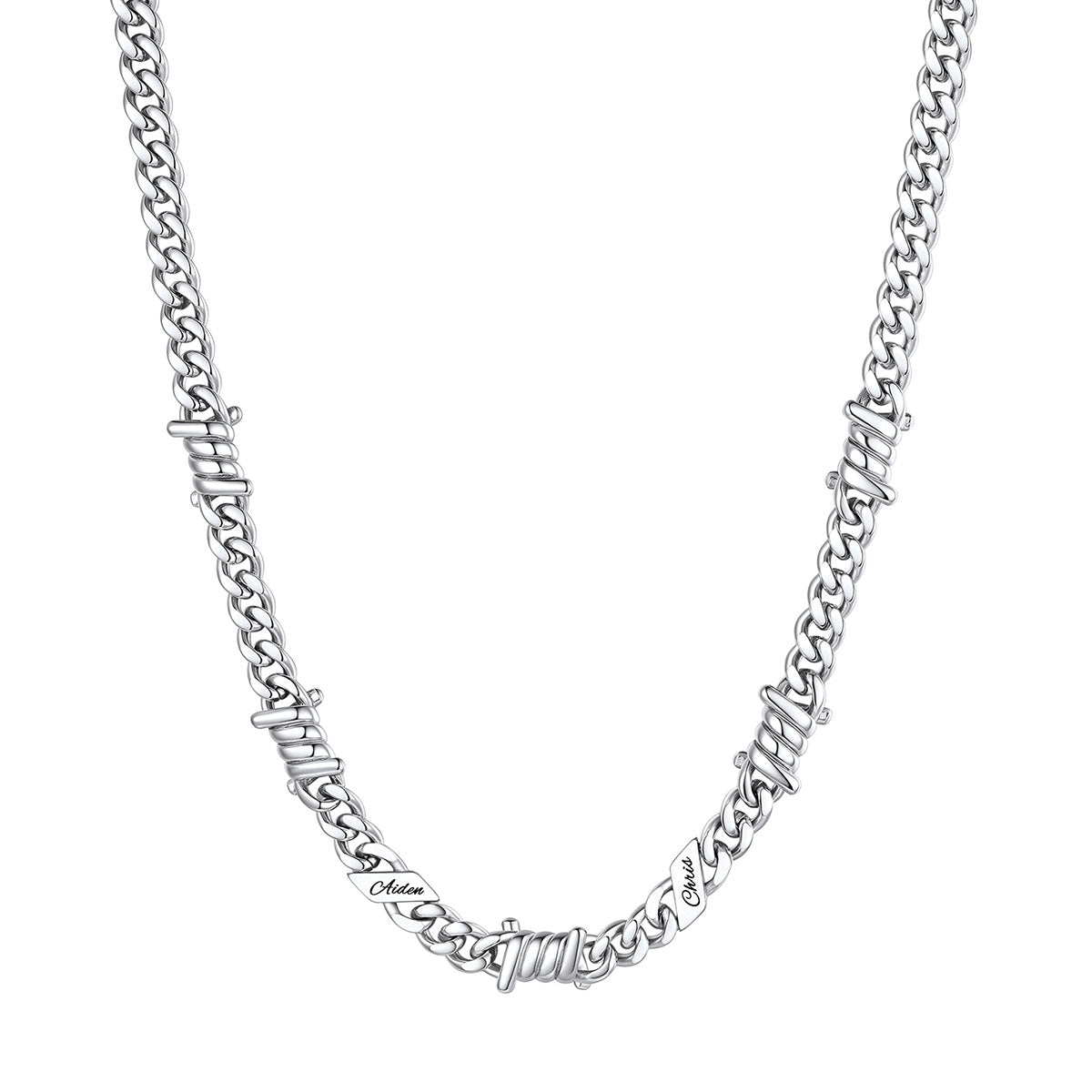 Personalized 2 Names Barbed Wire Cuban Link Necklace 7mm on a white background