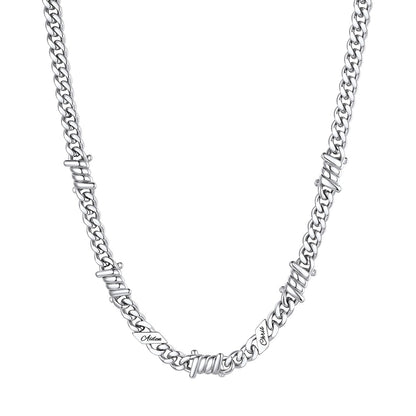Personalized 2 Names Barbed Wire Cuban Link Necklace 7mm on a white background