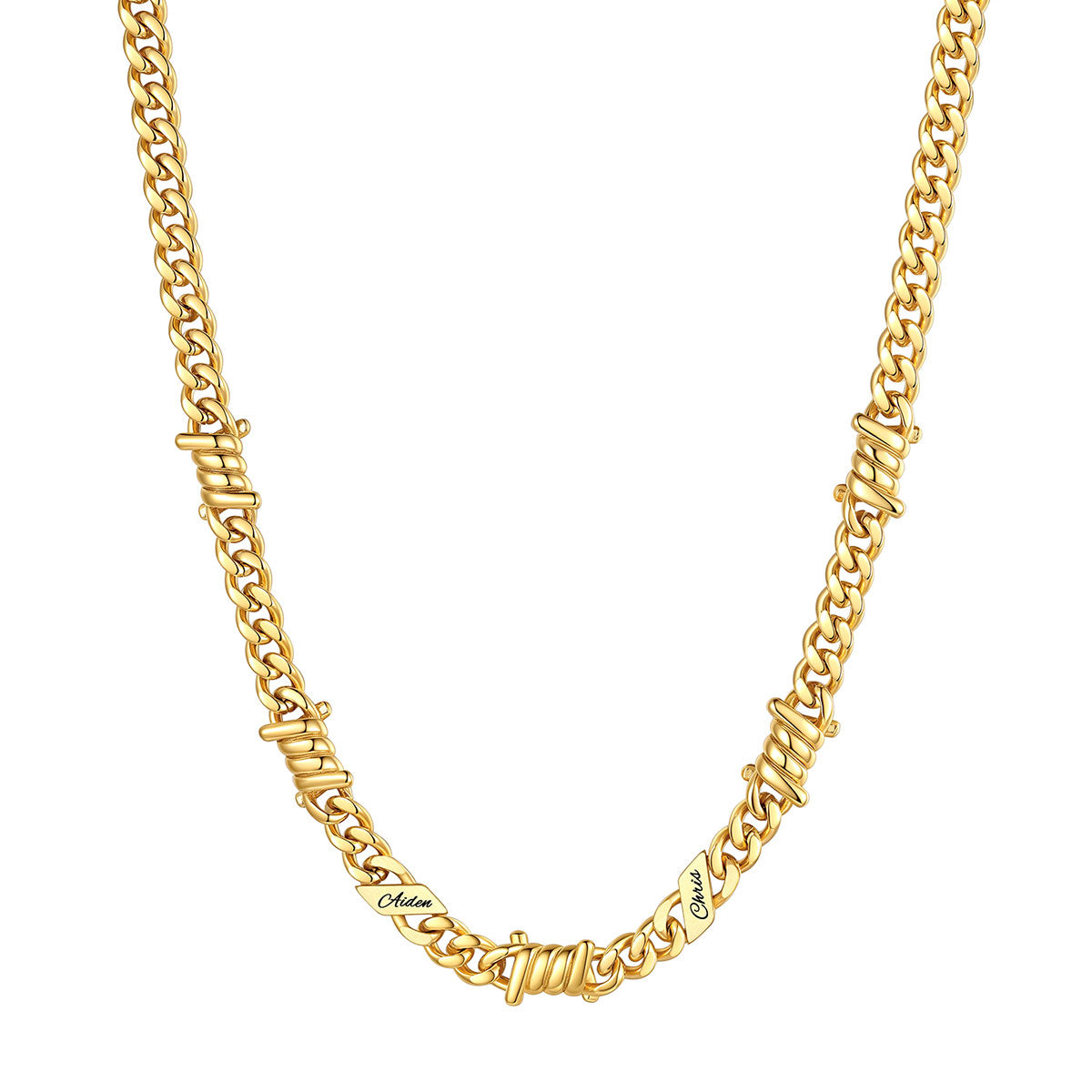 Personalized 2 Names Barbed Wire Cuban Link Necklace 7mm on a white background Gold Plated
