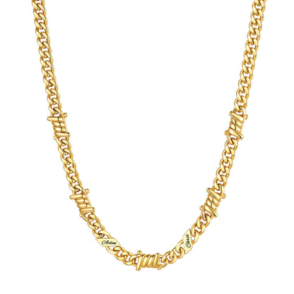 Personalized 2 Names Barbed Wire Cuban Link Necklace 7mm on a white background Gold Plated
