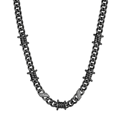 Personalized 2 Names Barbed Wire Cuban Link Necklace 9mm