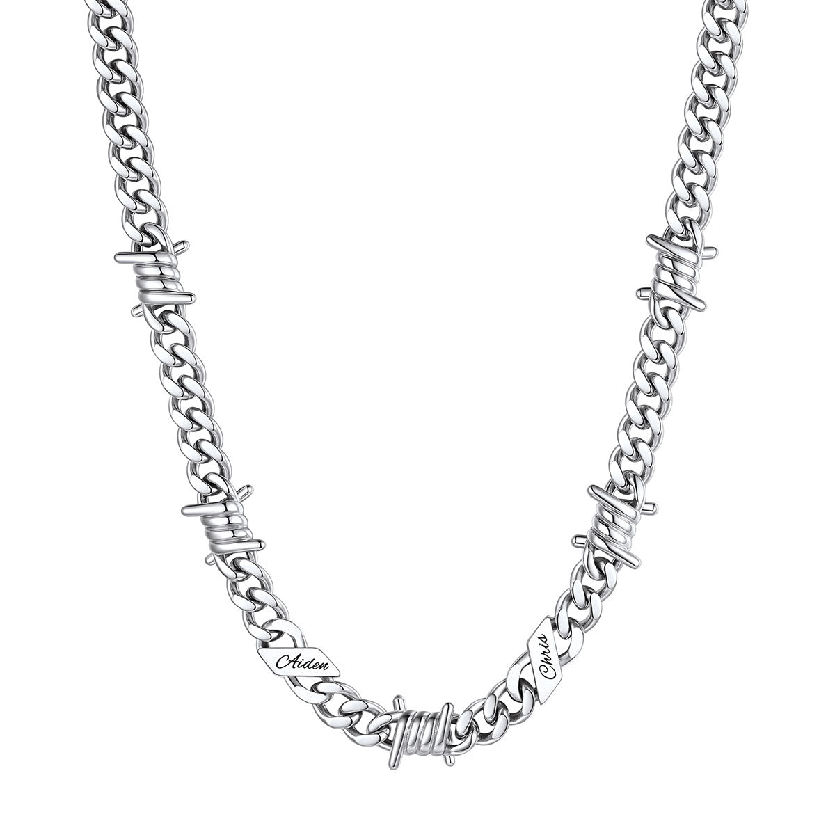 Personalized 2 Names Barbed Wire Cuban Link Necklace 9mm on a white background