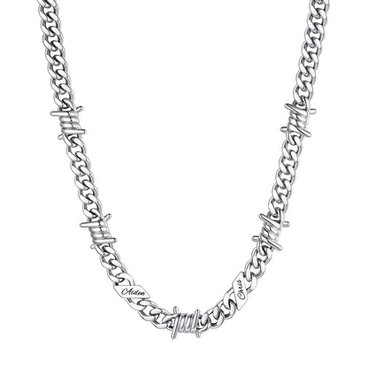 Personalized 2 Names Barbed Wire Cuban Link Necklace 9mm on a white background