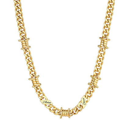 Personalized 2 Names Barbed Wire Cuban Link Necklace 9mm on a white background Gold Plated