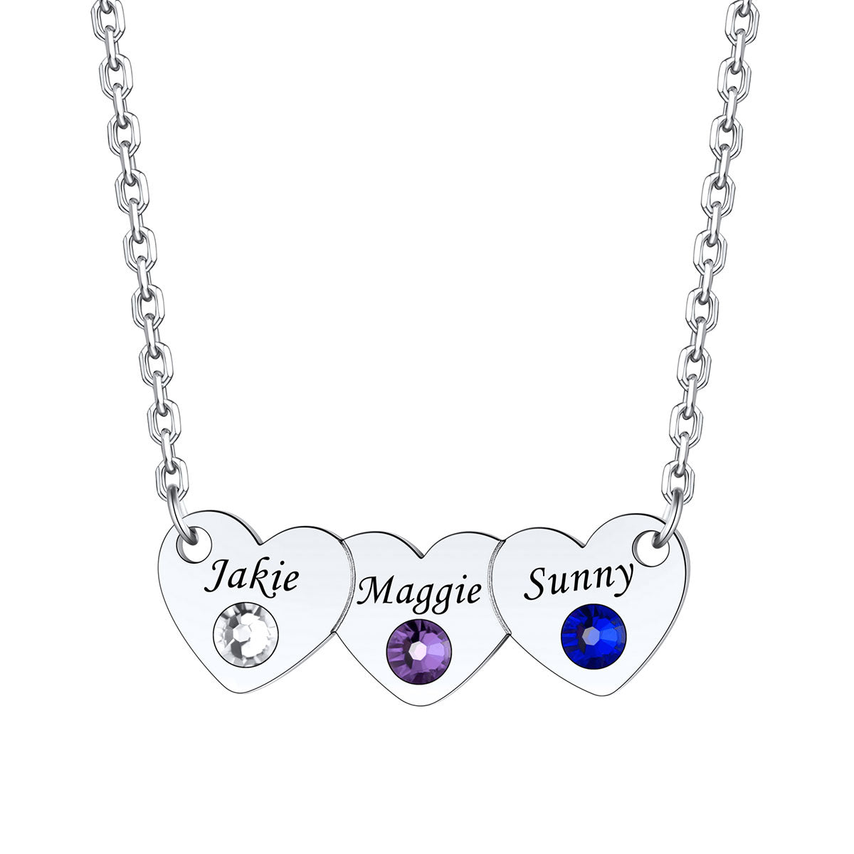 Personalized 3 Hearts Name Birthstone Necklace