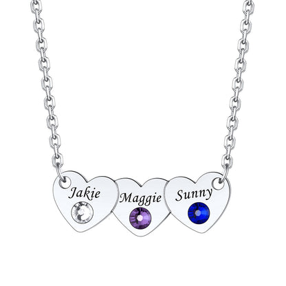 Personalized 3 Hearts Name Birthstone Necklace