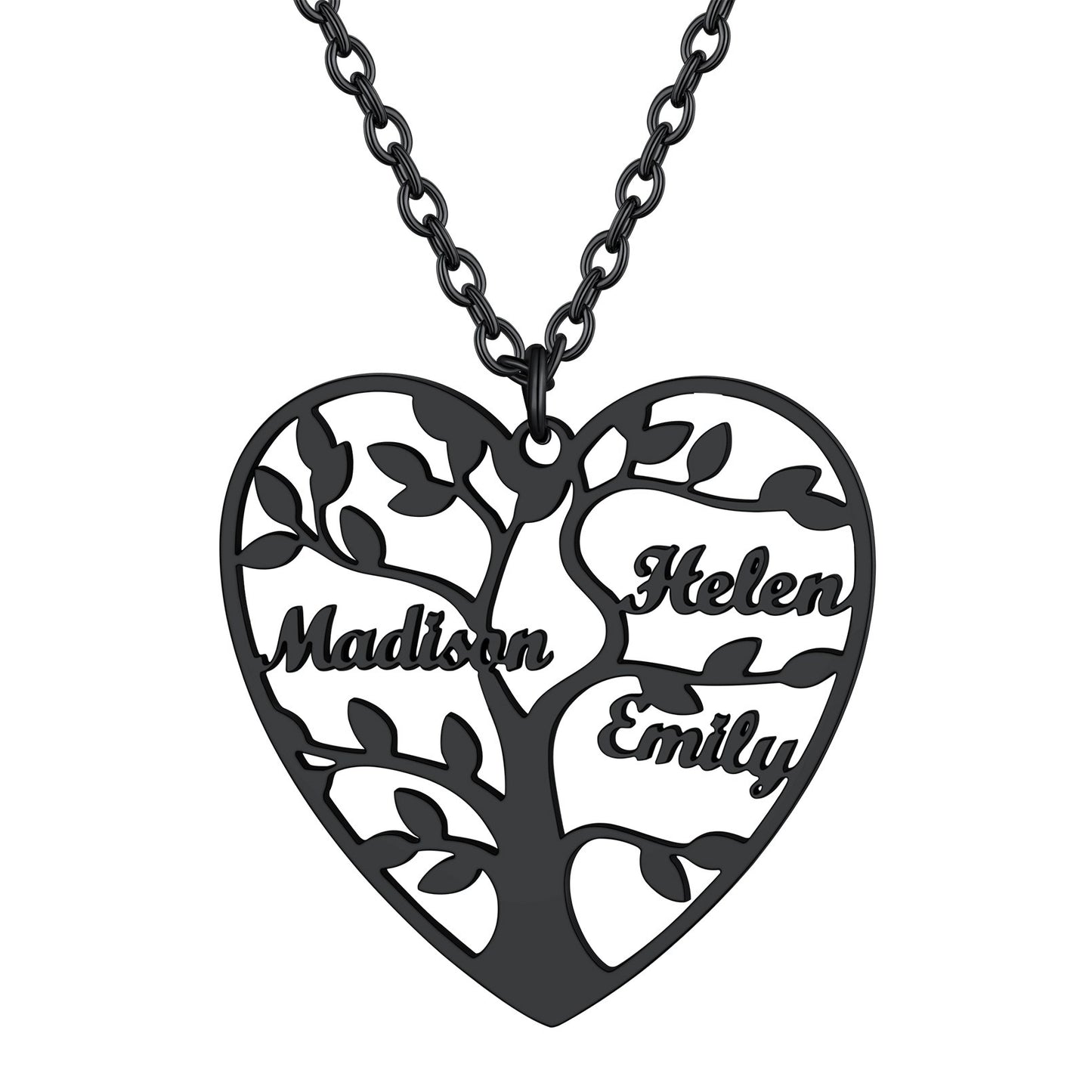 Personalized 3 Name Family Tree of Life Heart Necklace Black