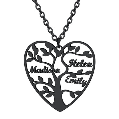 Personalized 3 Name Family Tree of Life Heart Necklace Black