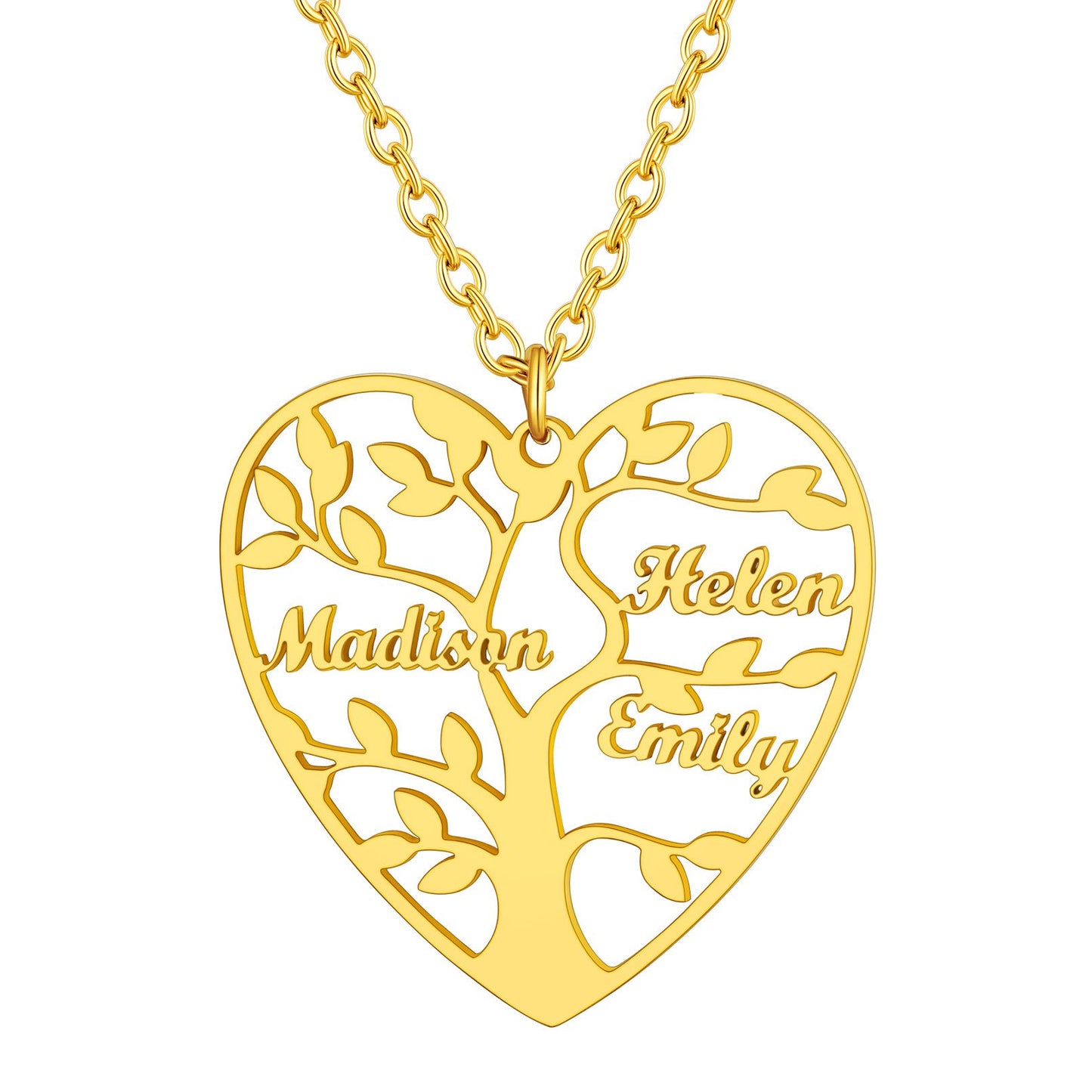 Personalized 3 Name Family Tree of Life Heart Necklace Gold Plated