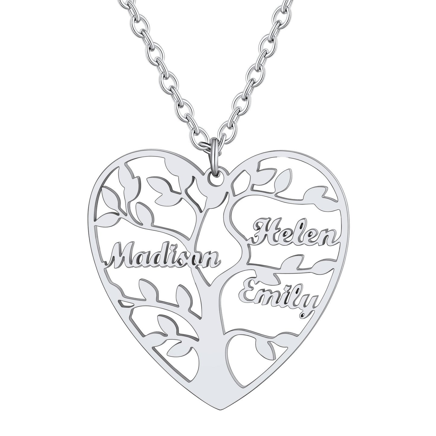 Personalized 3 Name Family Tree of Life Heart Necklace Steel