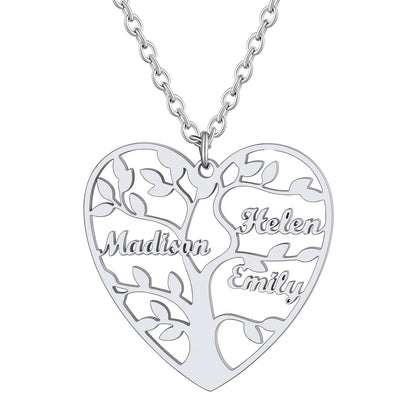 Personalized 3 Name Family Tree of Life Heart Necklace Steel