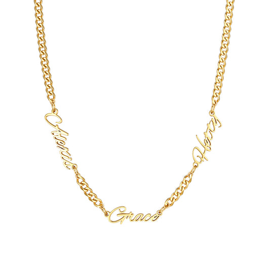 Personalized 3 Nameplate Cuban Link Necklace Gold Plated