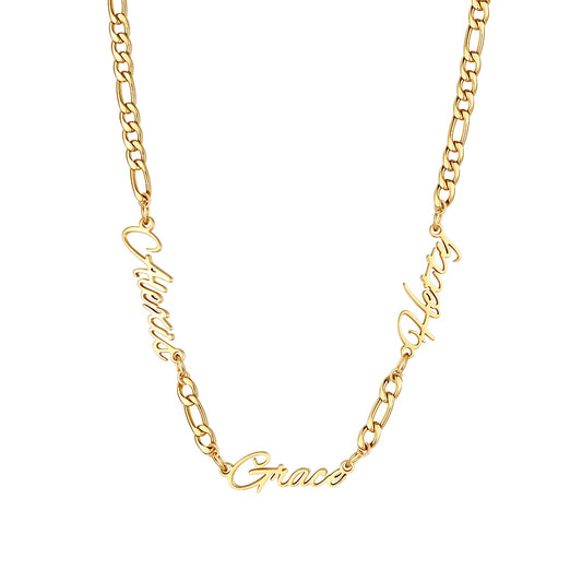 Personalized 3 Nameplate Figaro Link Necklace Gold Plated