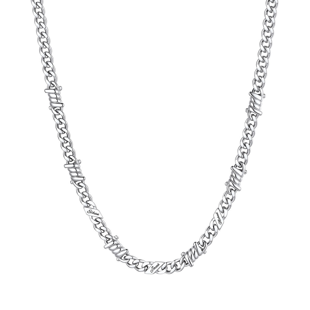 Personalized 3 Names Barbed Wire Cuban Link Necklace 5mm on a white background