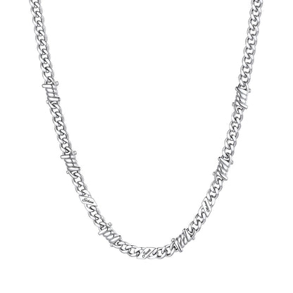 Personalized 3 Names Barbed Wire Cuban Link Necklace 5mm on a white background